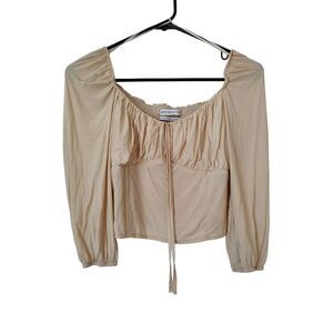Urban Outfitters Women's Small Cream Tan 3/4 Sleeves Cropped Top Shirt Smocked